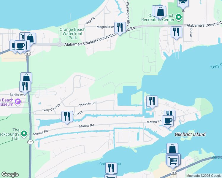 map of restaurants, bars, coffee shops, grocery stores, and more near in Orange Beach