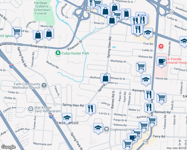 map of restaurants, bars, coffee shops, grocery stores, and more near 5161 Bedford Road in Jacksonville