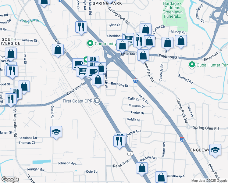 map of restaurants, bars, coffee shops, grocery stores, and more near 3840 Copper Circle East in Jacksonville