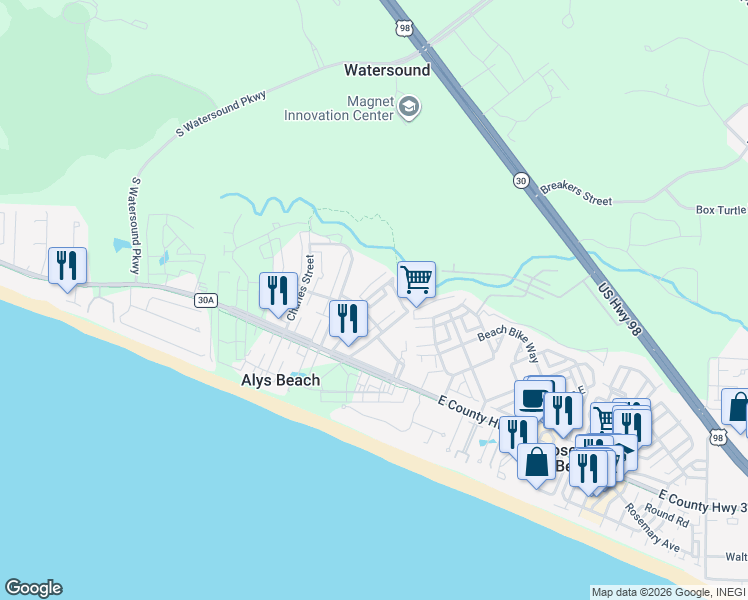 map of restaurants, bars, coffee shops, grocery stores, and more near 50 Caliza Lane in Panama City Beach