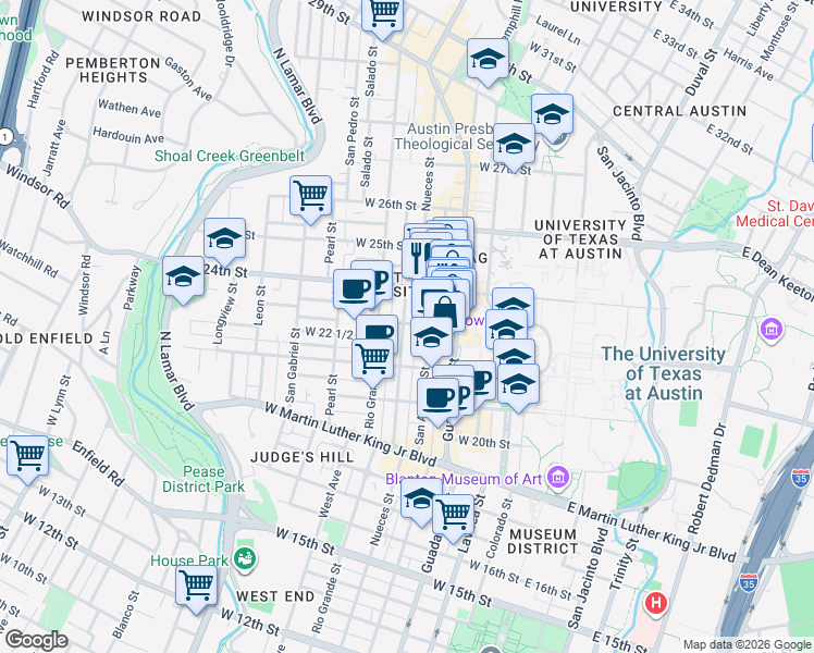 map of restaurants, bars, coffee shops, grocery stores, and more near 507 West 23rd Street in Austin