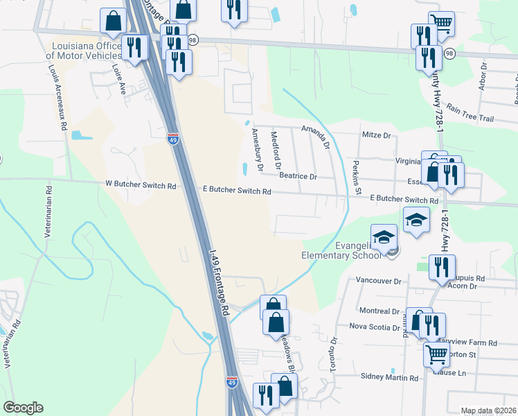 map of restaurants, bars, coffee shops, grocery stores, and more near 200 East Butcher Switch Road in Lafayette