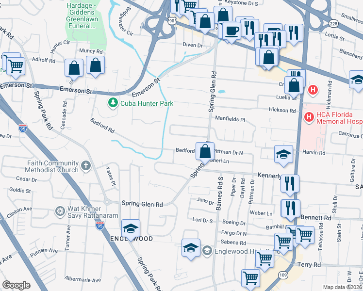 map of restaurants, bars, coffee shops, grocery stores, and more near 5161 Bedford Road in Jacksonville
