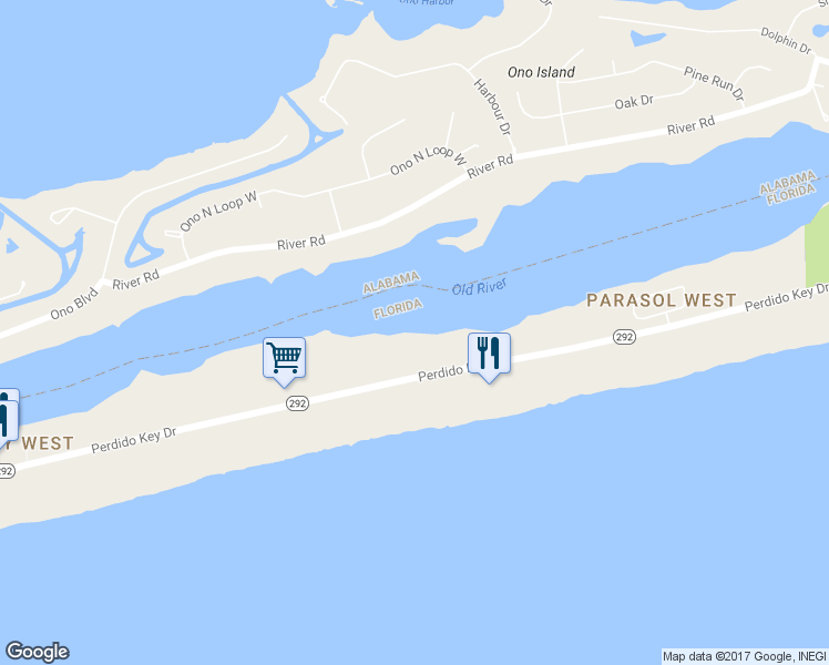 map of restaurants, bars, coffee shops, grocery stores, and more near 16590 Perdido Key Drive in Pensacola