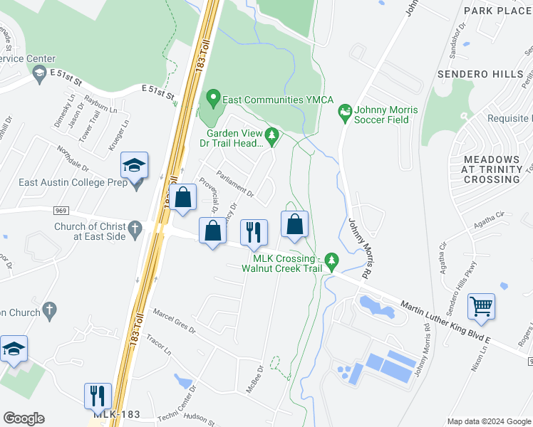 map of restaurants, bars, coffee shops, grocery stores, and more near 6321 Parliament Drive in Austin