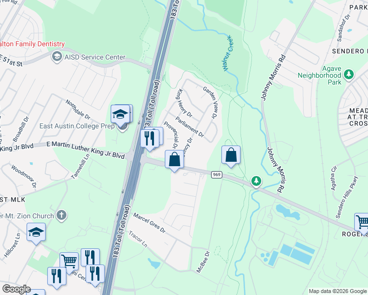 map of restaurants, bars, coffee shops, grocery stores, and more near 5111 Provencial Drive in Austin