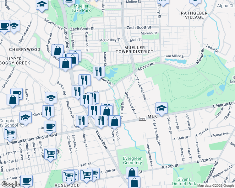map of restaurants, bars, coffee shops, grocery stores, and more near 2204 Palo Pinto Drive in Austin