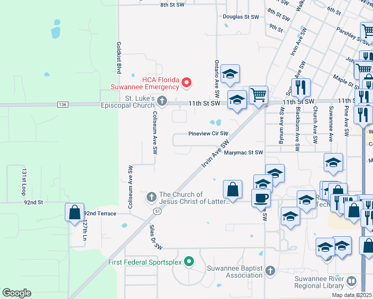 map of restaurants, bars, coffee shops, grocery stores, and more near 1043 Pineview Circle Southwest in Live Oak