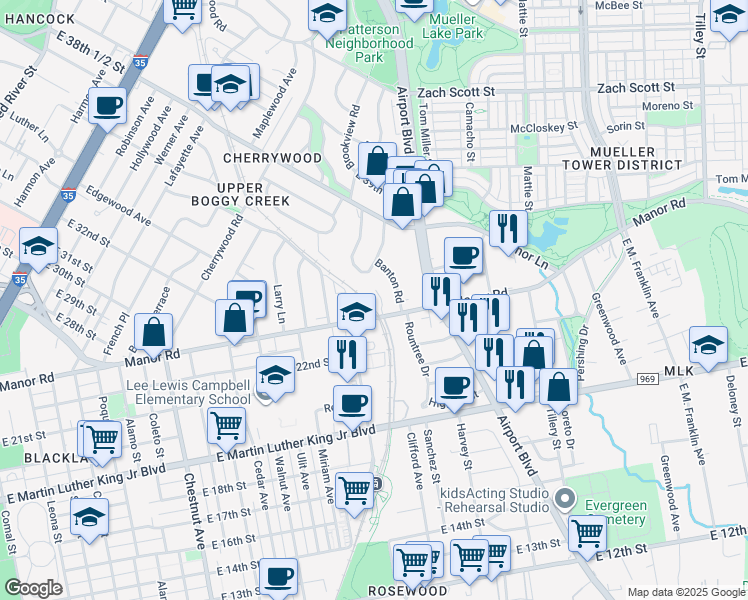 map of restaurants, bars, coffee shops, grocery stores, and more near 2928 Manor Road in Austin