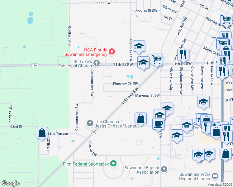 map of restaurants, bars, coffee shops, grocery stores, and more near 1043 Pineview Circle Southwest in Live Oak