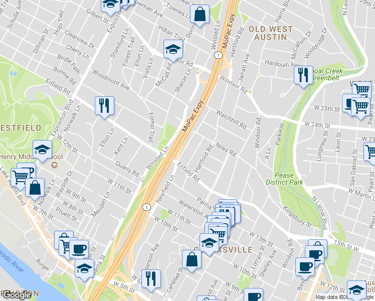 map of restaurants, bars, coffee shops, grocery stores, and more near 1607 Newfield Lane in Austin