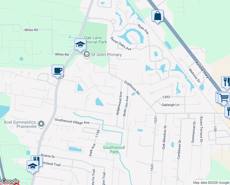 map of restaurants, bars, coffee shops, grocery stores, and more near 15228 Ravello Court in Prairieville