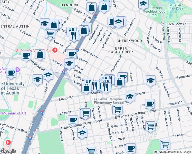 map of restaurants, bars, coffee shops, grocery stores, and more near 3007 French Place in Austin