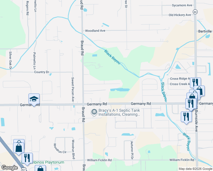 map of restaurants, bars, coffee shops, grocery stores, and more near 15096 Braud Road in Prairieville