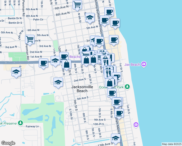 map of restaurants, bars, coffee shops, grocery stores, and more near 528 1st Avenue South in Jacksonville Beach