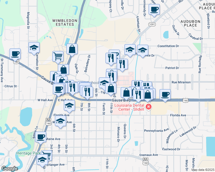 map of restaurants, bars, coffee shops, grocery stores, and more near 1 Tiger Drive in Slidell