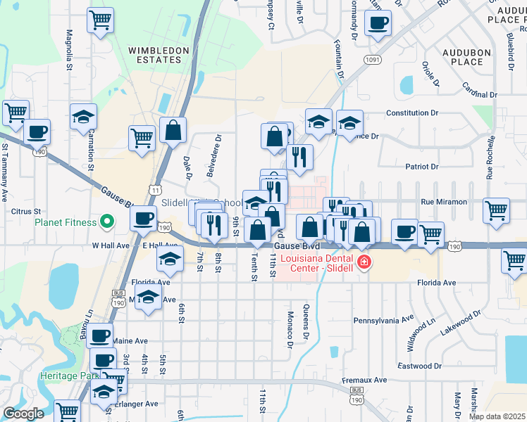 map of restaurants, bars, coffee shops, grocery stores, and more near 1 Tiger Drive in Slidell