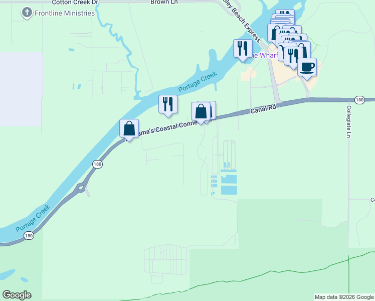 map of restaurants, bars, coffee shops, grocery stores, and more near 22447 Beaver Creek Lane in Orange Beach