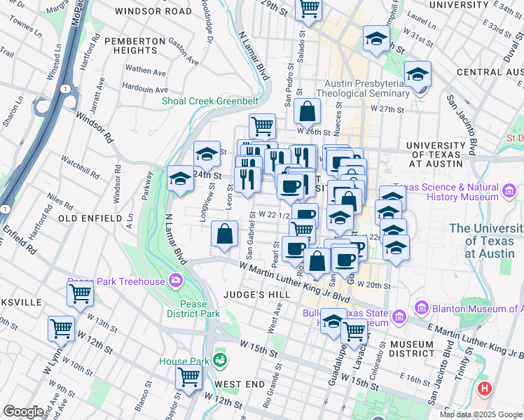 map of restaurants, bars, coffee shops, grocery stores, and more near 910 West 22 1/2 Street in Austin