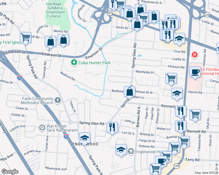 map of restaurants, bars, coffee shops, grocery stores, and more near 5161 Bedford Road in Jacksonville
