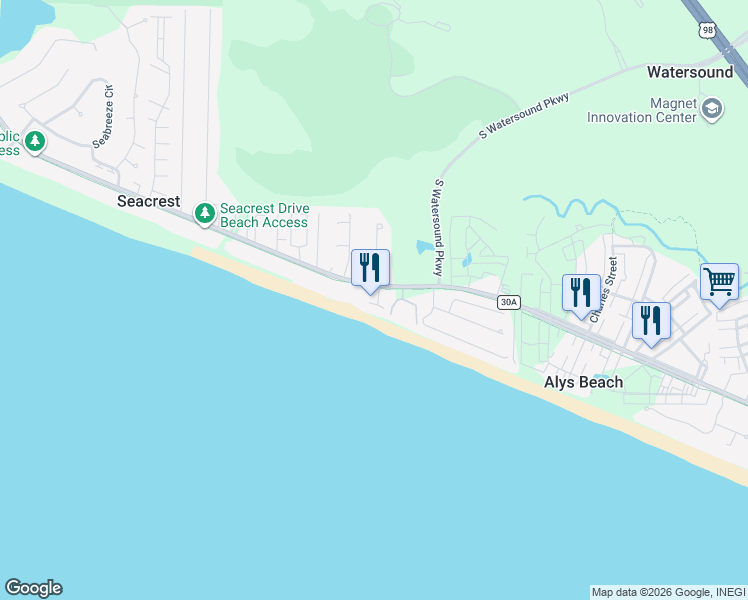 map of restaurants, bars, coffee shops, grocery stores, and more near 87 Green Street in Rosemary Beach