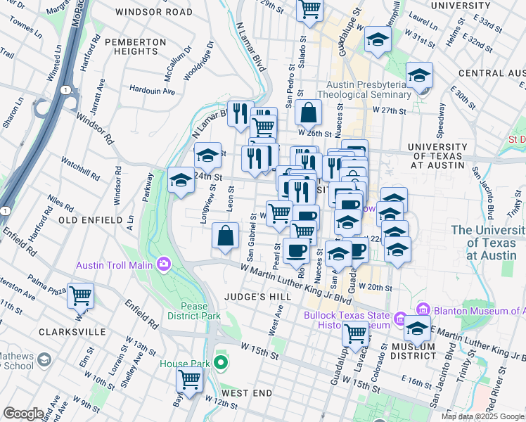map of restaurants, bars, coffee shops, grocery stores, and more near 910 West 22 1/2 Street in Austin