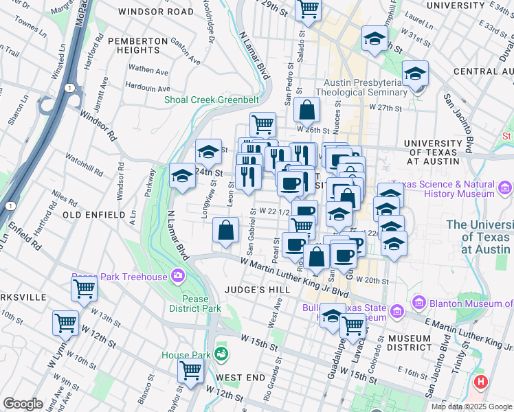 map of restaurants, bars, coffee shops, grocery stores, and more near 910 West 22 1/2 Street in Austin
