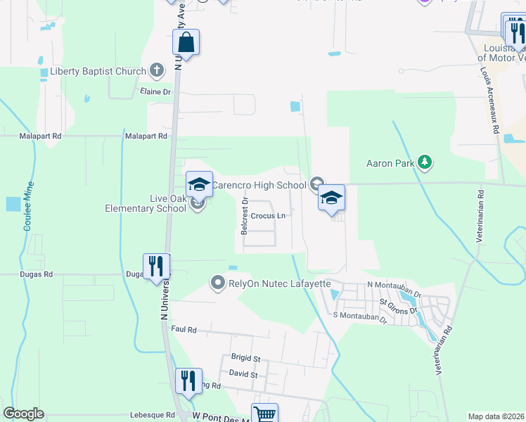map of restaurants, bars, coffee shops, grocery stores, and more near 107 Crocus Lane in Lafayette