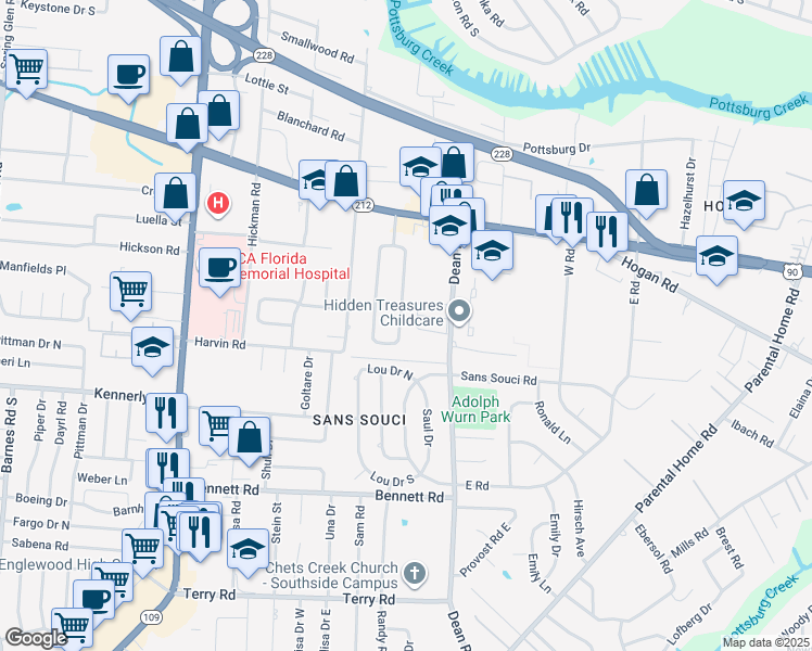 map of restaurants, bars, coffee shops, grocery stores, and more near 1969 Burkholder Circle East in Jacksonville