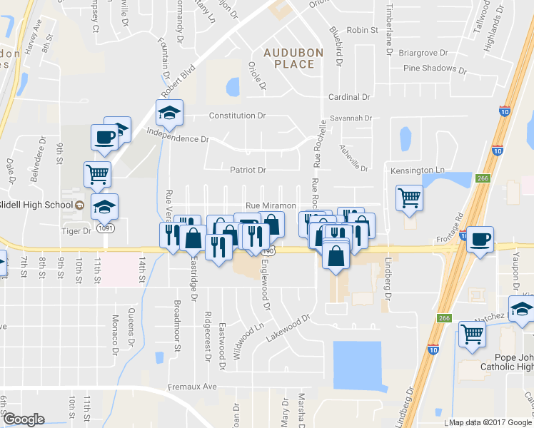 map of restaurants, bars, coffee shops, grocery stores, and more near 1110 Rue Bordeaux in Slidell