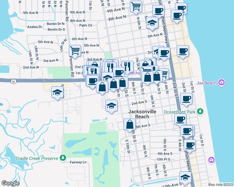 map of restaurants, bars, coffee shops, grocery stores, and more near 57 10th Street North in Jacksonville Beach