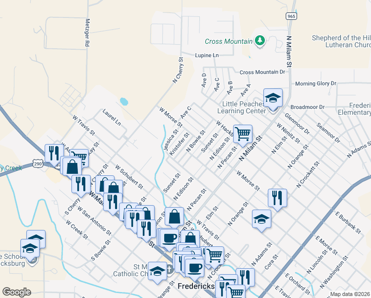 map of restaurants, bars, coffee shops, grocery stores, and more near 610 North Bowie Street in Fredericksburg