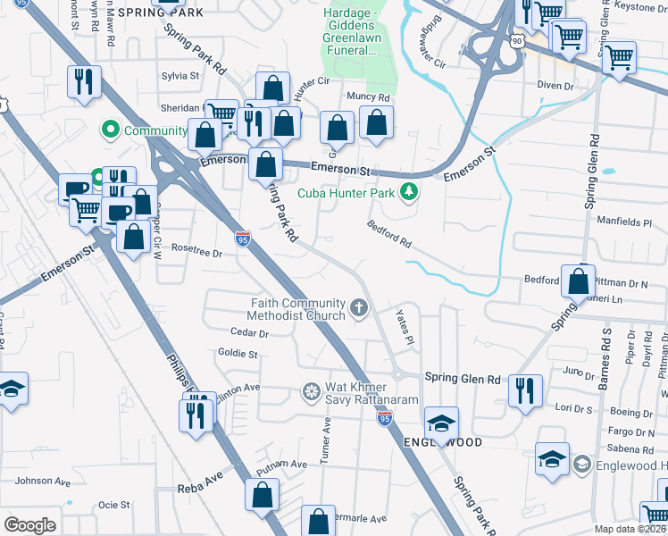 map of restaurants, bars, coffee shops, grocery stores, and more near 3856 Spring Park Road in Jacksonville