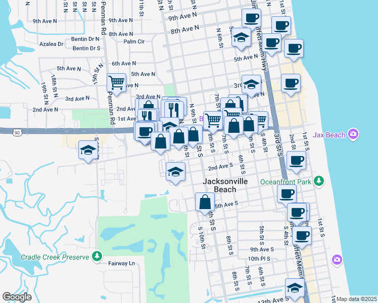 map of restaurants, bars, coffee shops, grocery stores, and more near 57 10th Street North in Jacksonville Beach