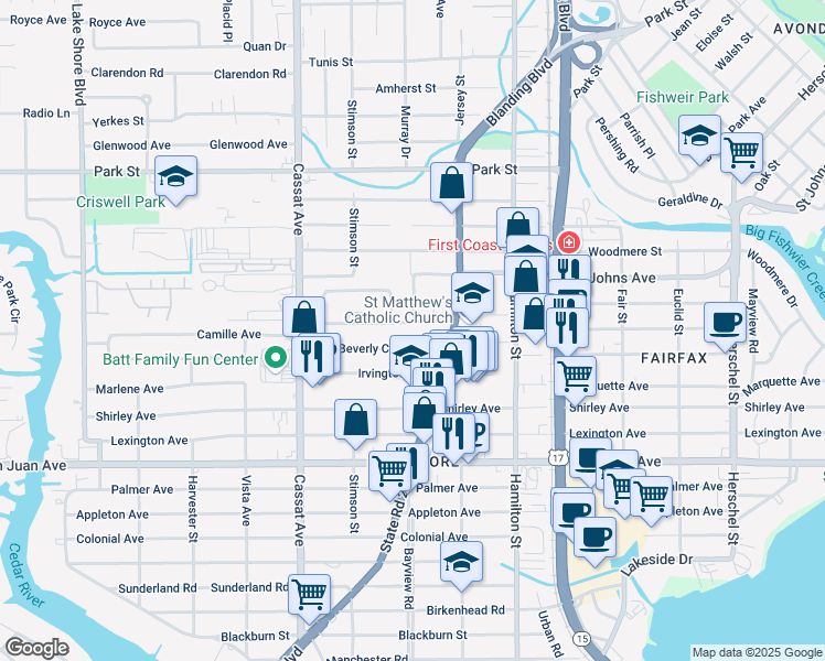 map of restaurants, bars, coffee shops, grocery stores, and more near 4648 Cardinal Boulevard in Jacksonville