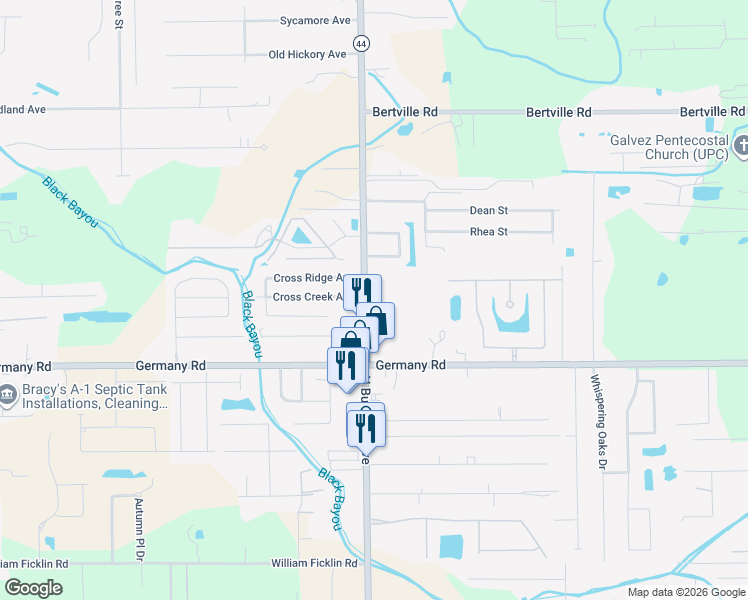 map of restaurants, bars, coffee shops, grocery stores, and more near 15088 Louisiana 44 in Gonzales