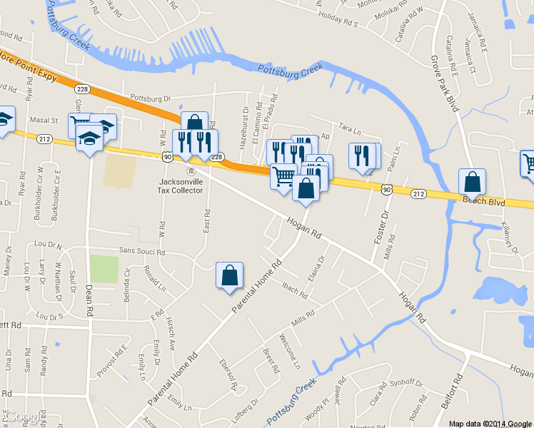 map of restaurants, bars, coffee shops, grocery stores, and more near 7440 Hogan Road in Jacksonville