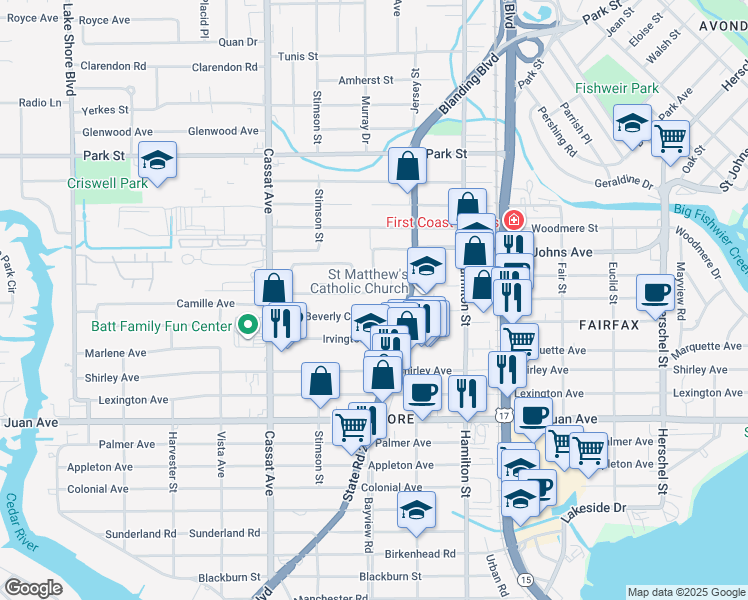 map of restaurants, bars, coffee shops, grocery stores, and more near 4648 Cardinal Boulevard in Jacksonville