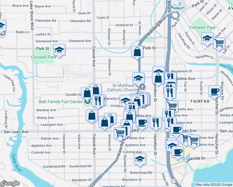 map of restaurants, bars, coffee shops, grocery stores, and more near 4746 Cardinal Boulevard in Jacksonville