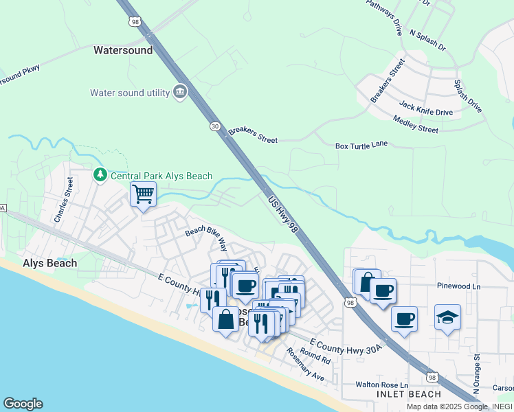 map of restaurants, bars, coffee shops, grocery stores, and more near 65 Redbud Lane in Rosemary Beach
