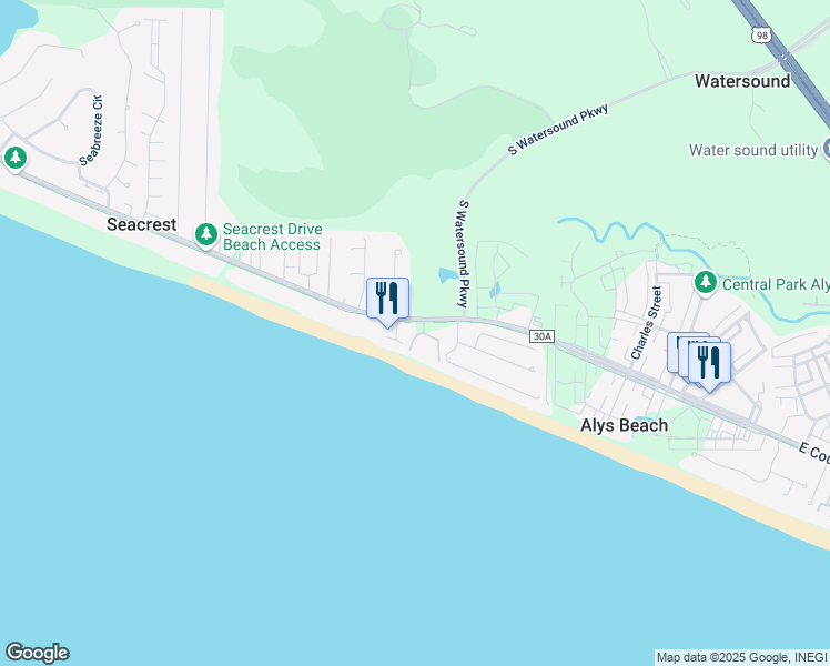 map of restaurants, bars, coffee shops, grocery stores, and more near 9064 East County Highway 30A in Panama City Beach