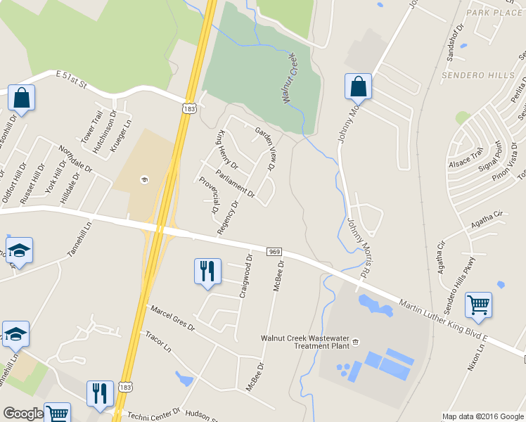 map of restaurants, bars, coffee shops, grocery stores, and more near 6321 Parliament Drive in Austin