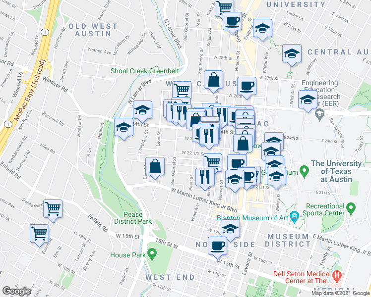 map of restaurants, bars, coffee shops, grocery stores, and more near 910 West 22 1/2 Street in Austin