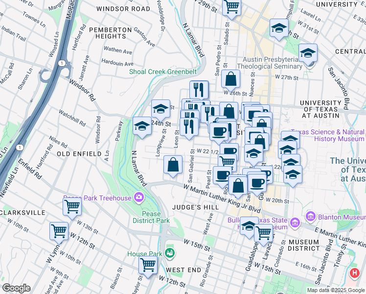 map of restaurants, bars, coffee shops, grocery stores, and more near 25 Leon Street in Austin