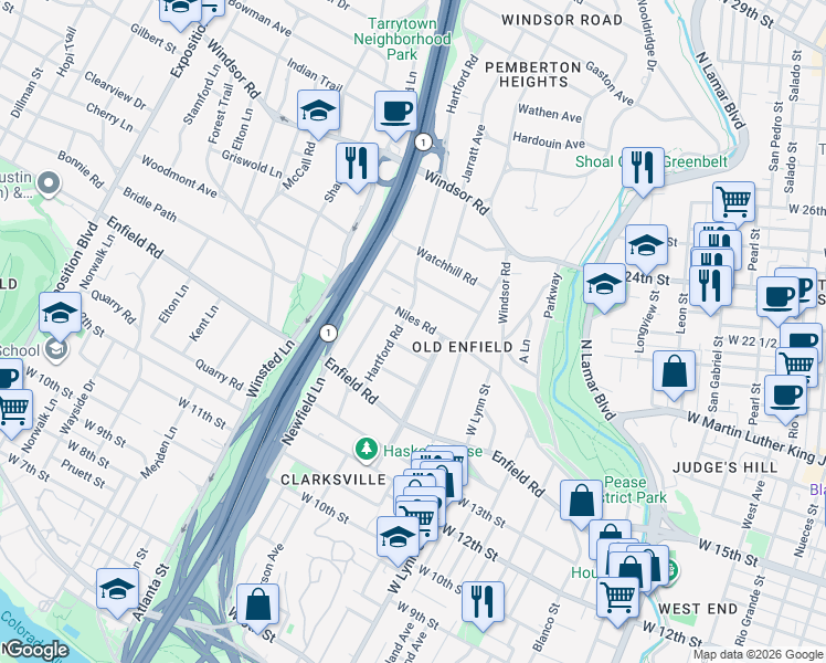 map of restaurants, bars, coffee shops, grocery stores, and more near 11 Niles Road in Austin