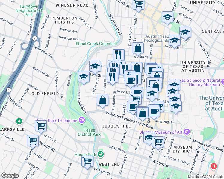 map of restaurants, bars, coffee shops, grocery stores, and more near 2212 San Gabriel Street in Austin