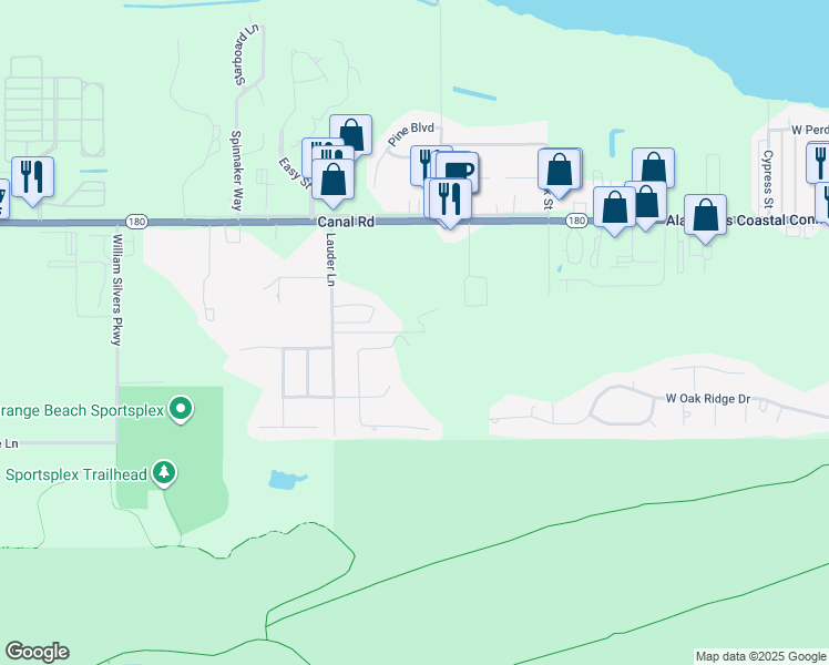 map of restaurants, bars, coffee shops, grocery stores, and more near 24707 Pelican Pl in Orange Beach