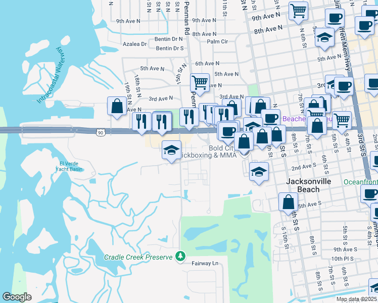 map of restaurants, bars, coffee shops, grocery stores, and more near 187 Jardin De Mer Place in Jacksonville Beach