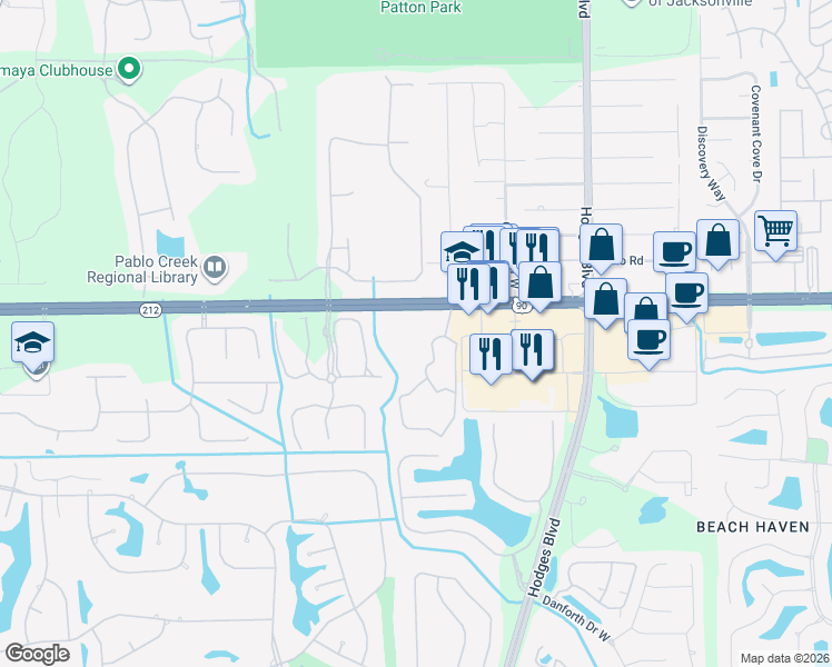 map of restaurants, bars, coffee shops, grocery stores, and more near 13364 Florida 212 in Jacksonville