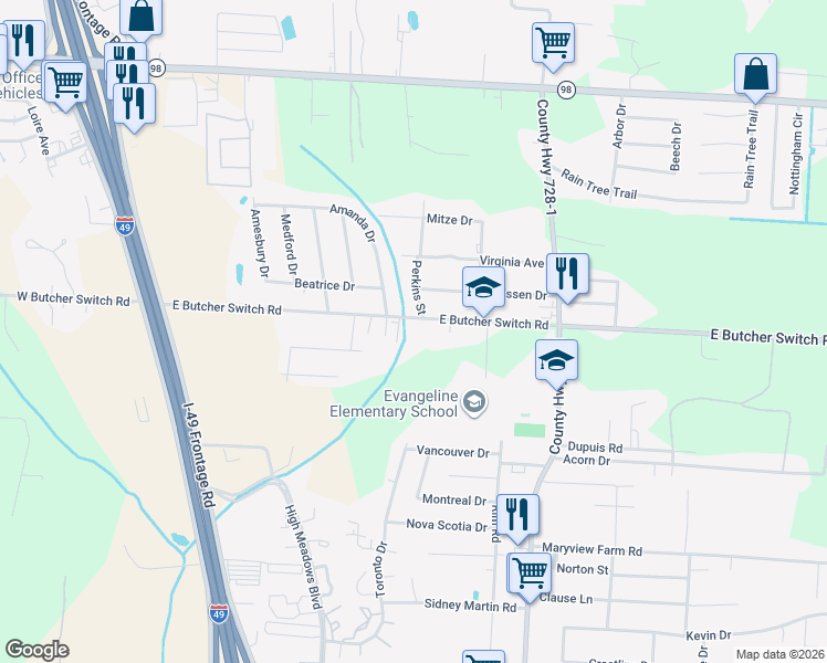 map of restaurants, bars, coffee shops, grocery stores, and more near 408 East Butcher Switch Road in Lafayette